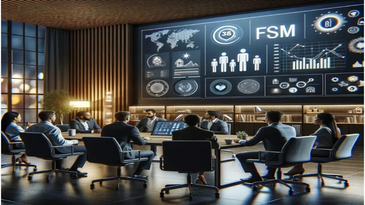 Field service contractors reviewing FSM software scheduling dashboard on computer screen