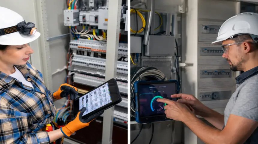 technicians using best software for contractors on tablets for field service management
