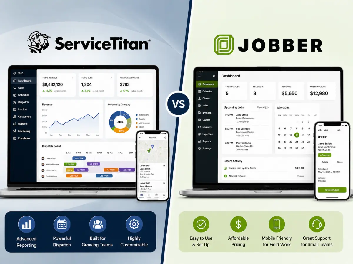 servicetitan vs jobber comparison showing dashboard interfaces mobile app usage and differences for field service businesses