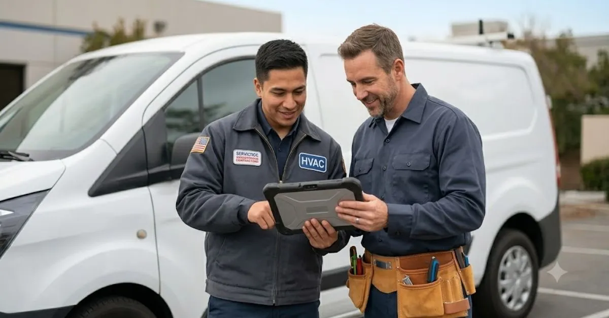 Two contractors reviewing field service software on a tablet