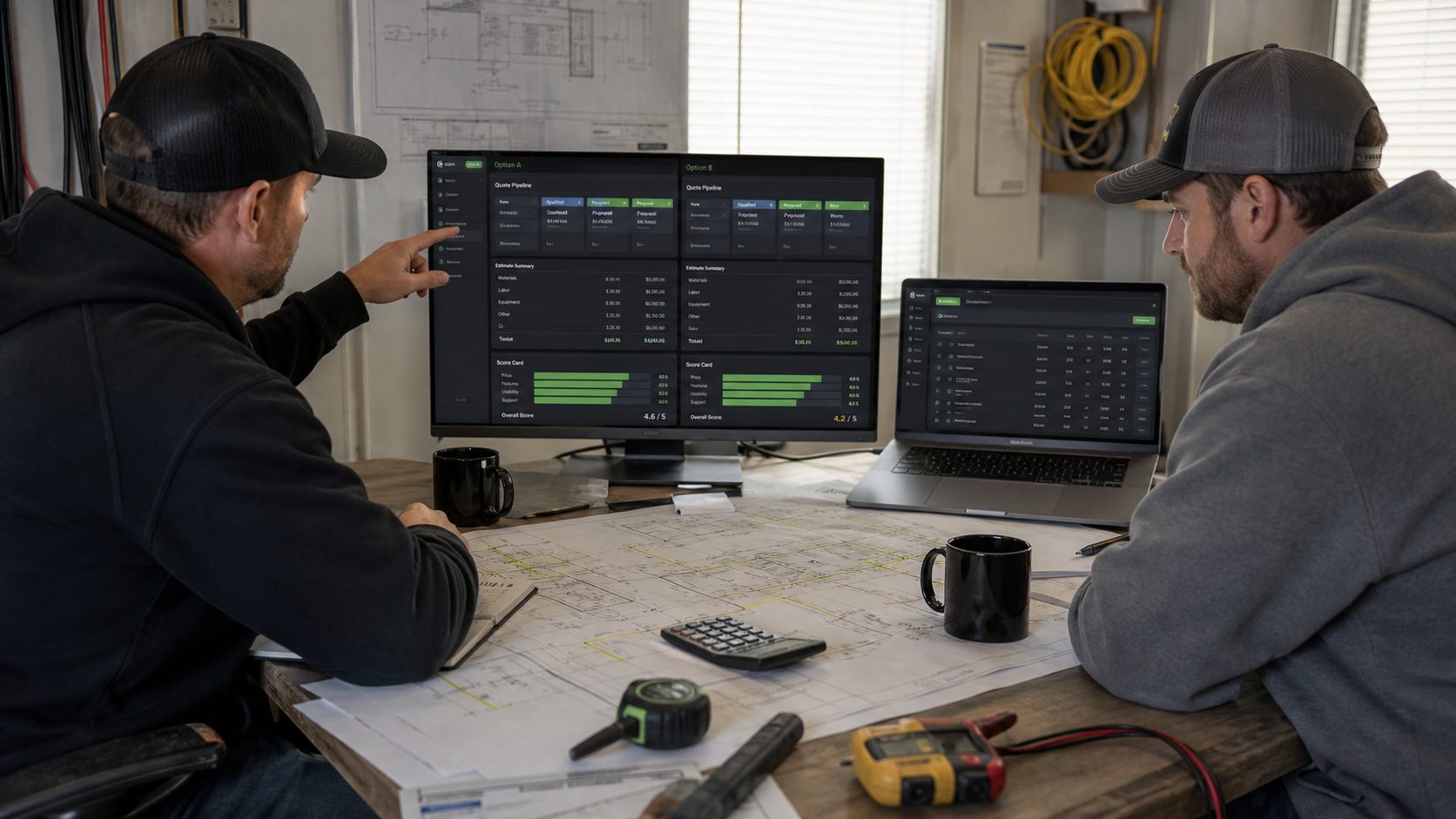 Electrical contractors comparing estimating software dashboards with plans and cost breakdowns