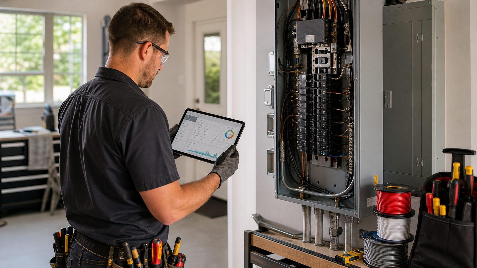 Electrician using electrical estimating software on a tablet beside an open electrical panel