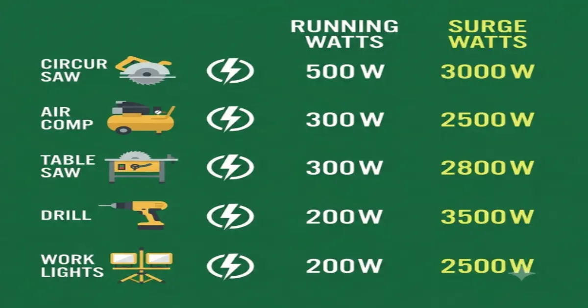 Jobsite tool wattage and surge watts chart