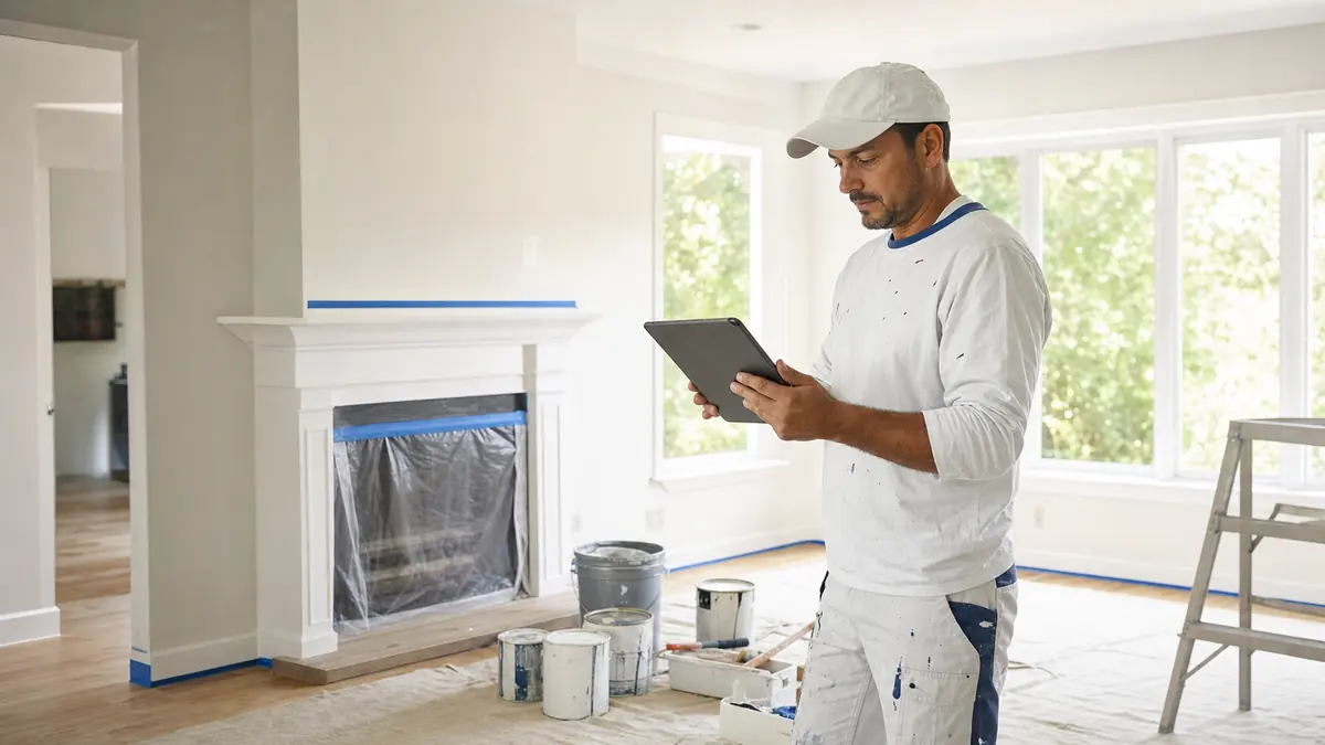 Painting contractor creating a digital estimate on a tablet in a prepared living room