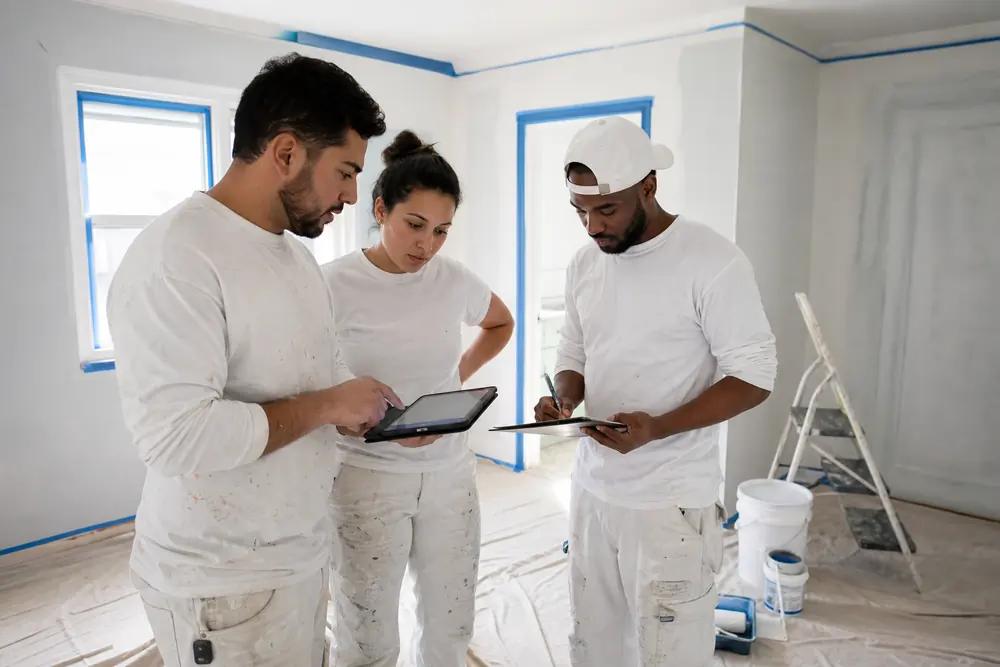 Small painting contractor team reviewing measurements and a digital job estimate