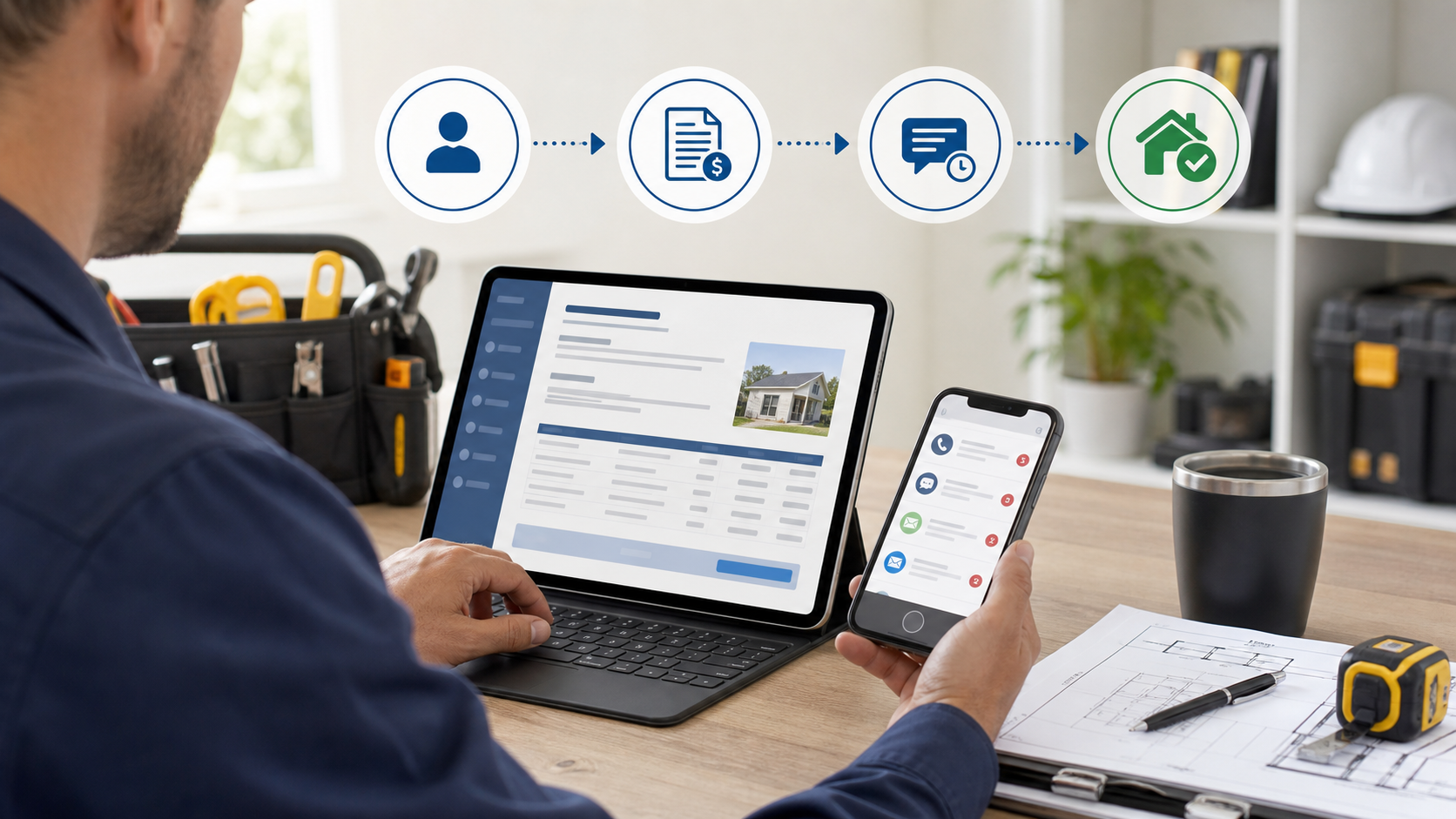 Contractor reviewing estimate follow-up reminders and a lead pipeline after sending a proposal