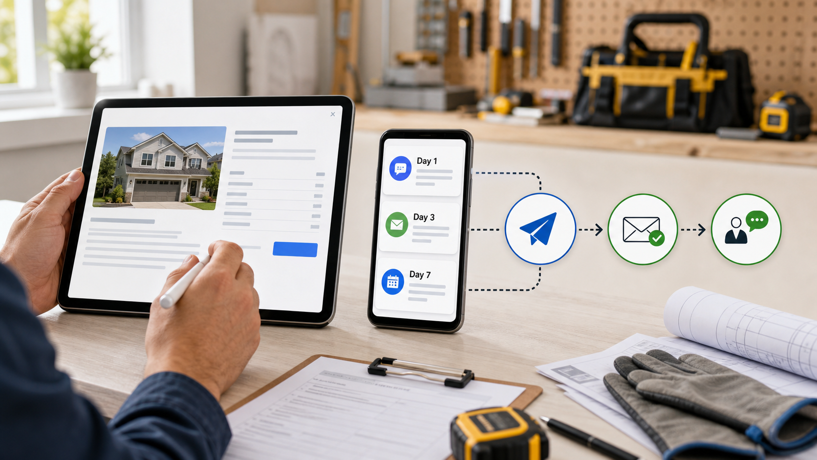 Contractor quote follow-up workflow showing scheduled Day 1, Day 3, and Day 7 messages after sending a quote