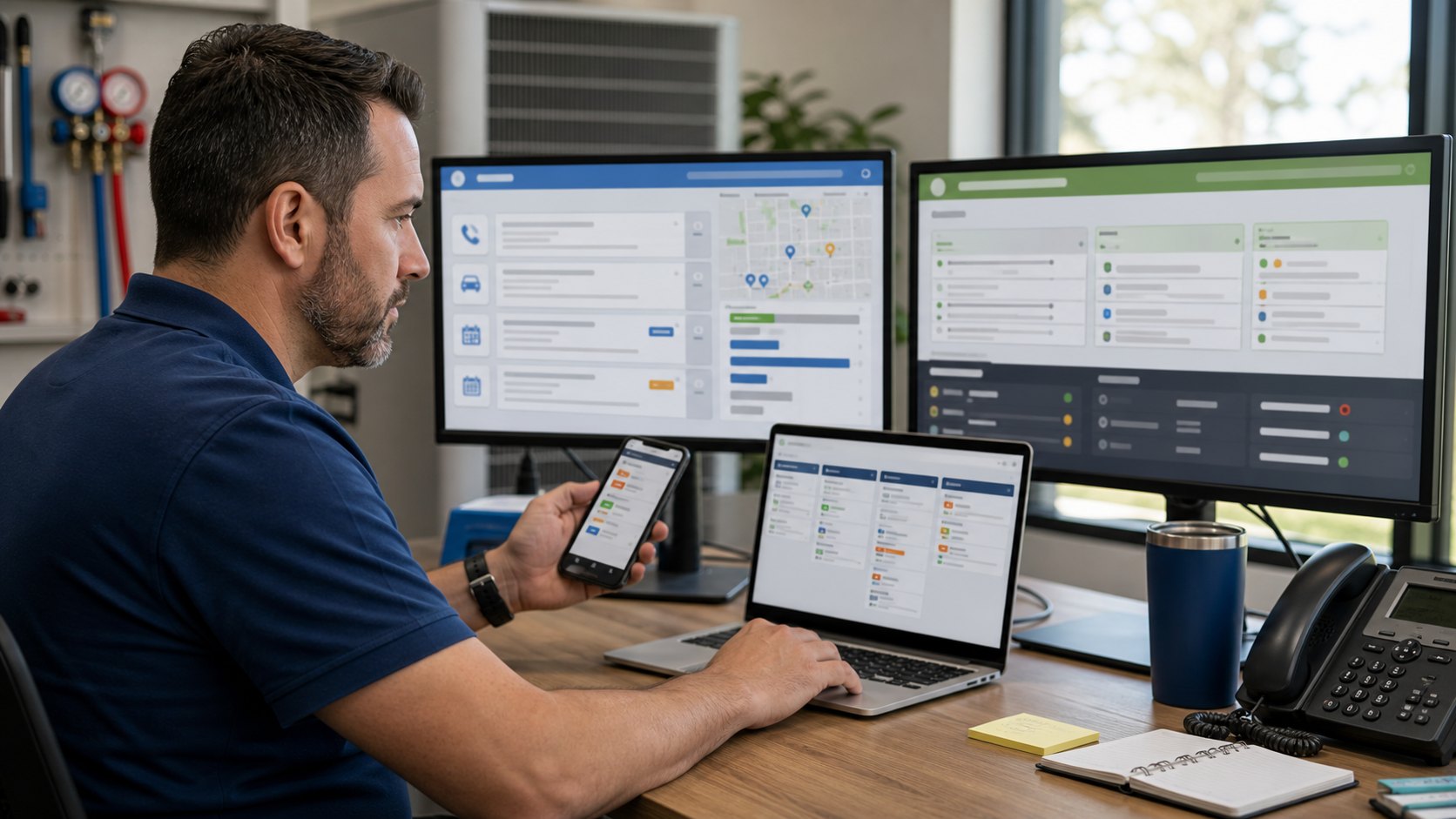 HVAC office manager comparing Workiz and DripJobs lead routing workflows