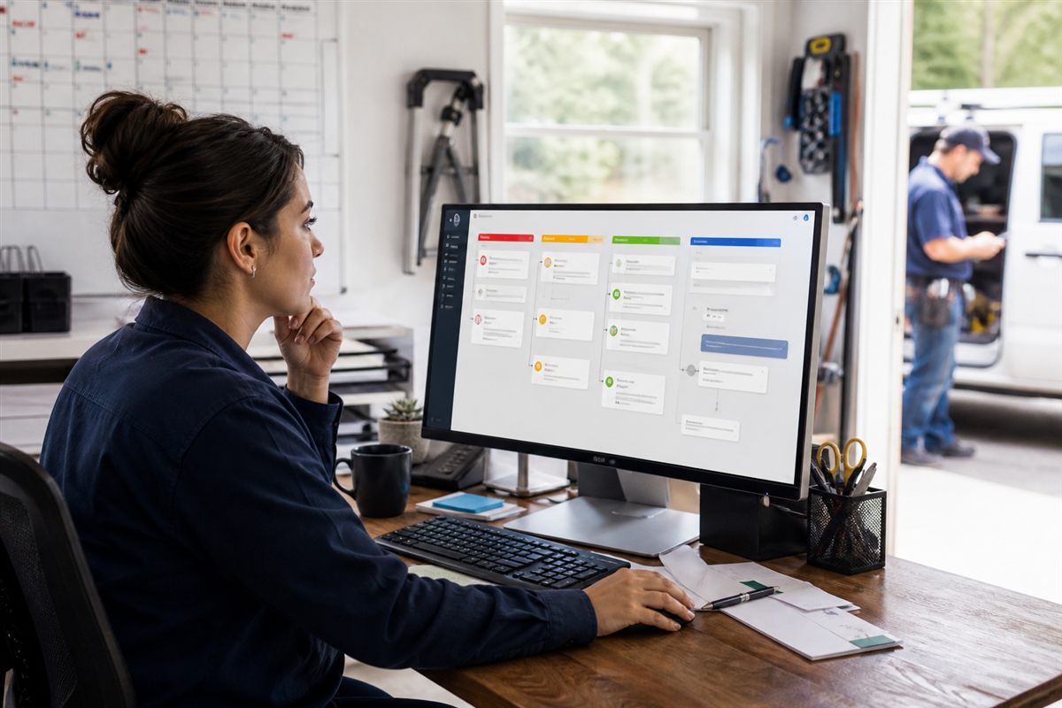 Home service office coordinator reviewing a lead-response pipeline and newly booked jobs