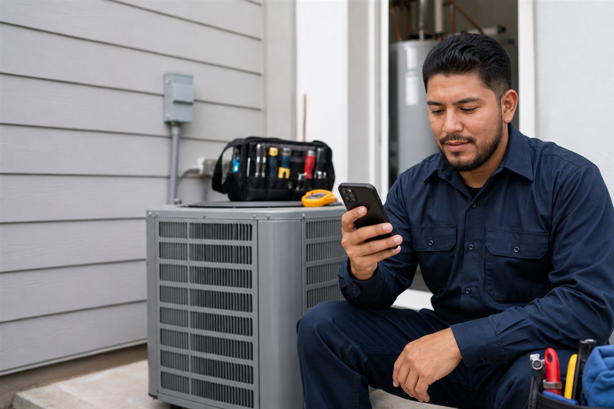 HVAC contractor reviewing missed-call text-back software sending an automatic reply on a smartphone beside an outdoor unit