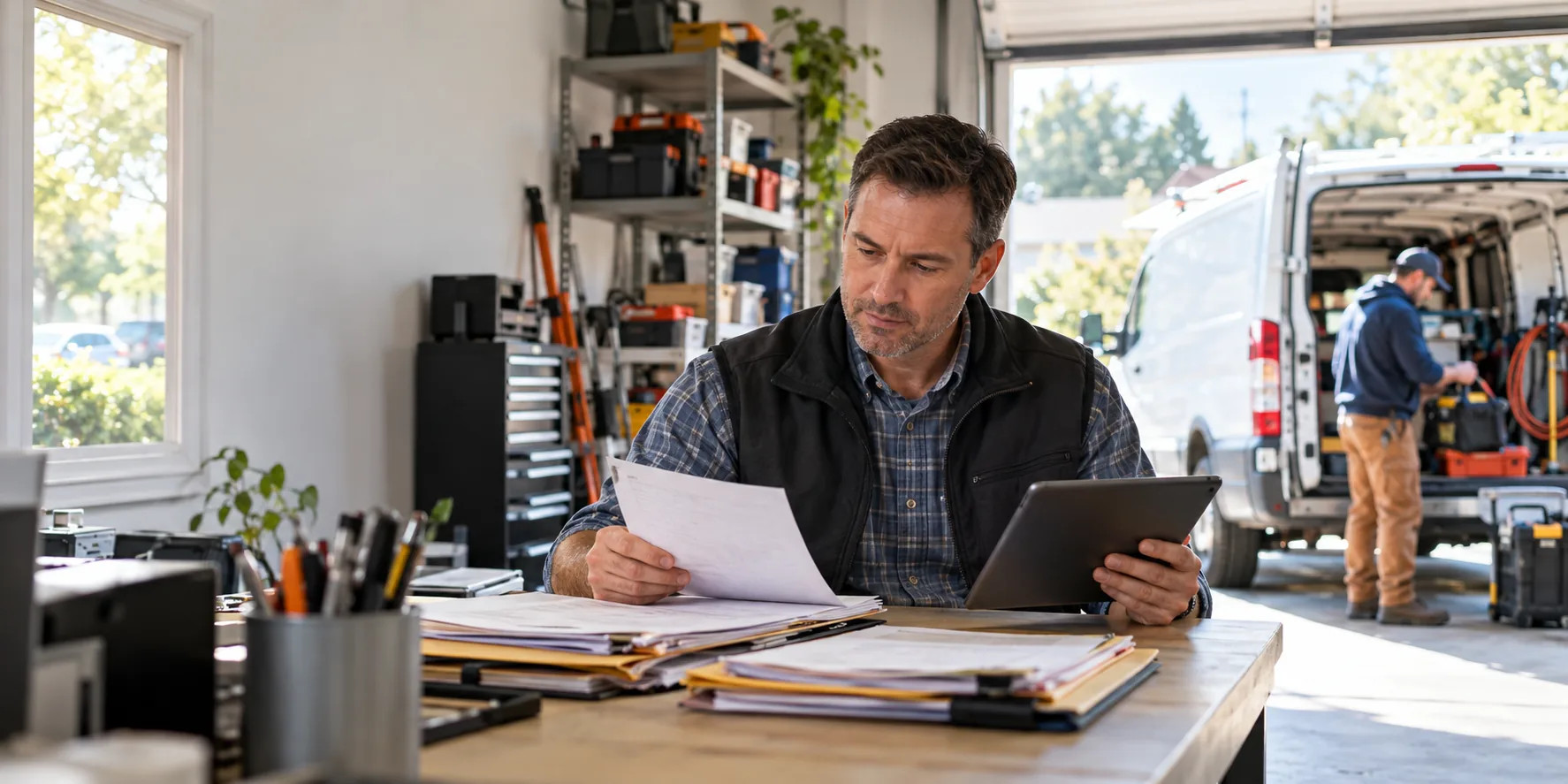 Field service business owner reviewing job records and a tablet in a workshop while a technician prepares a service van