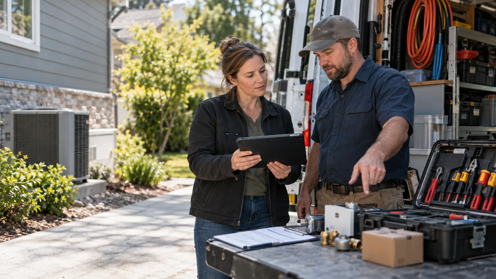 Field service technician and operations manager reviewing a completed job beside a service van with tools and materials