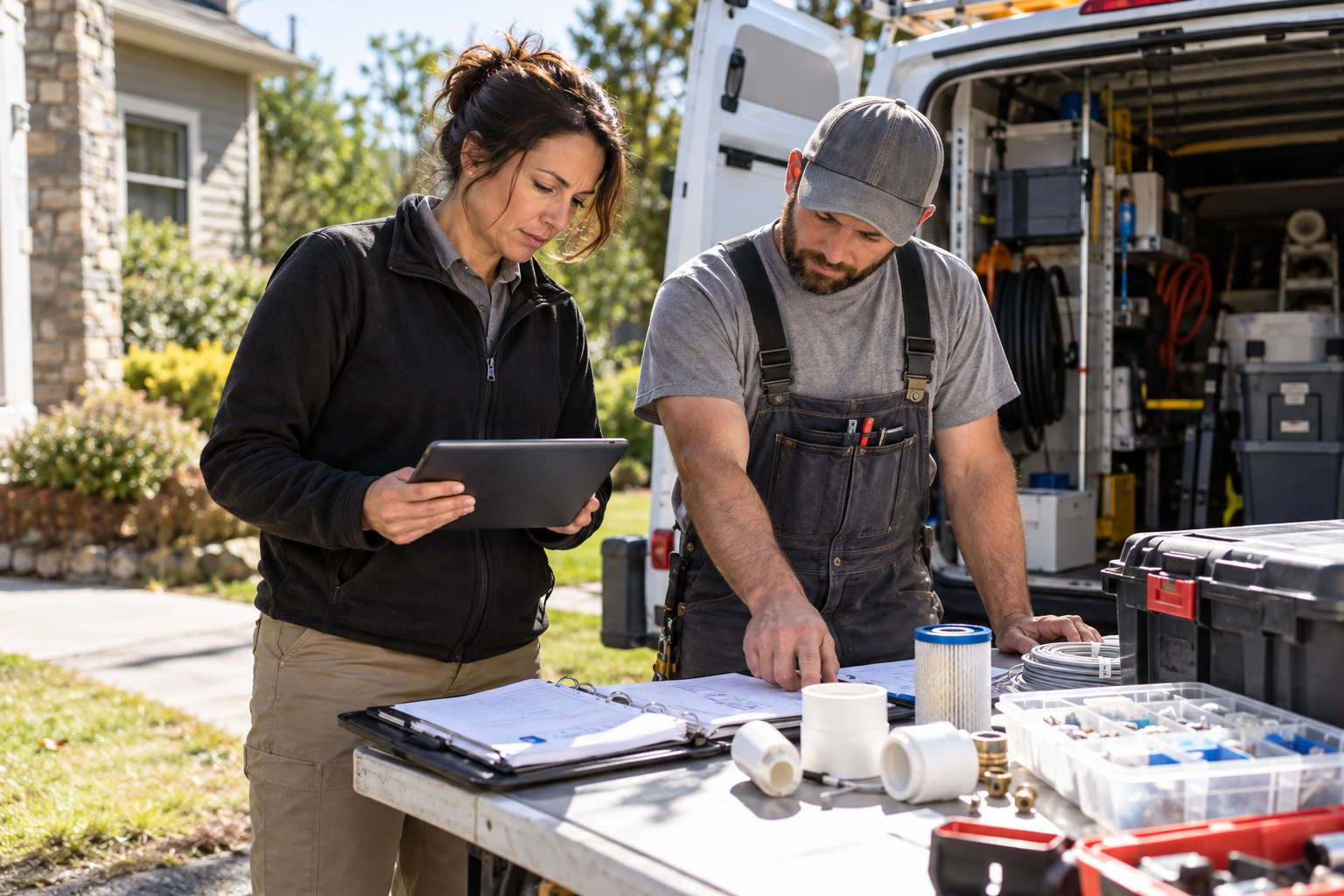 Field service operations manager and technician reconciling materials and job records beside a service van