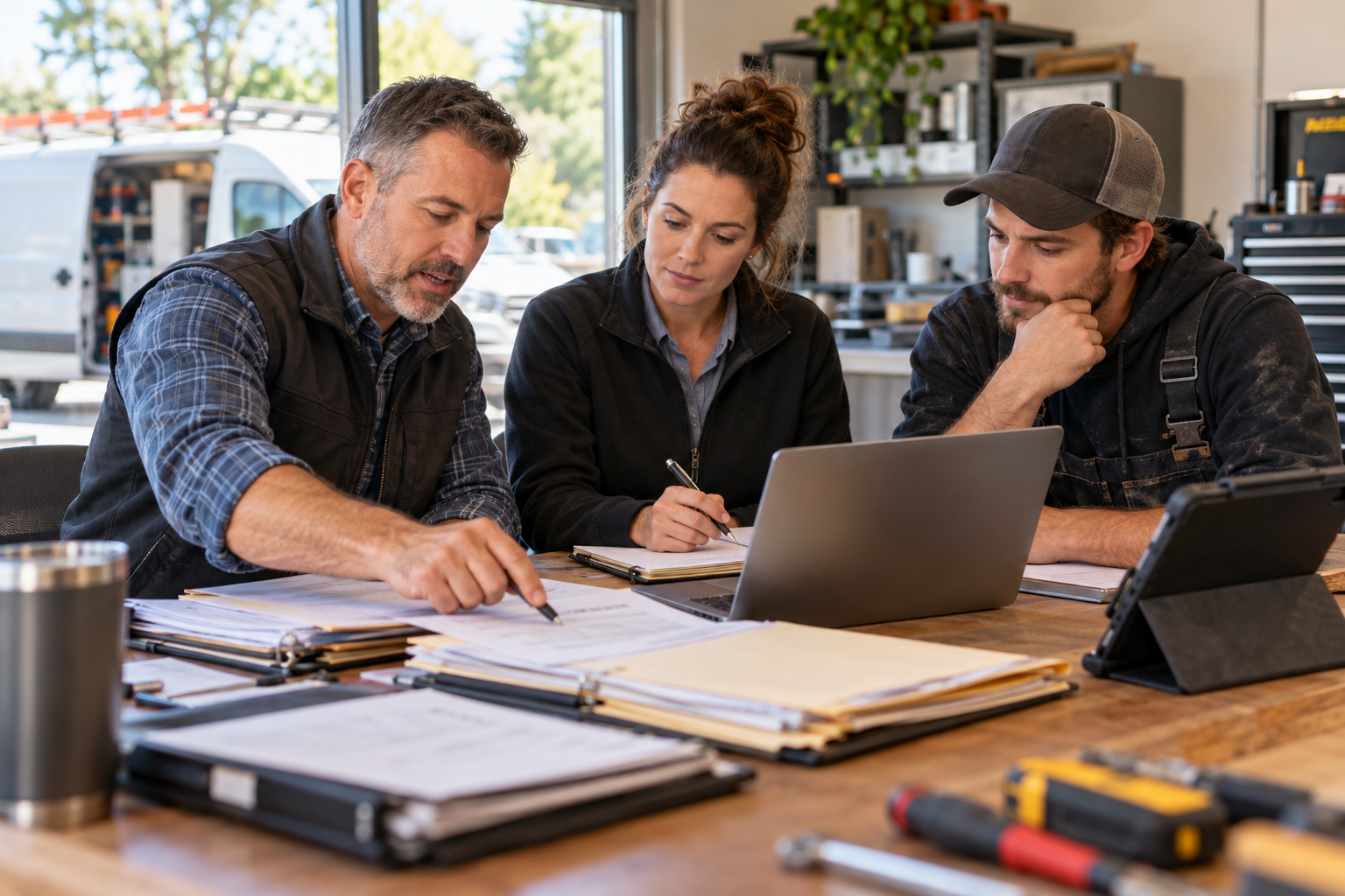 Small field service team reviewing job folders and a weekly revenue-control process in a workshop office
