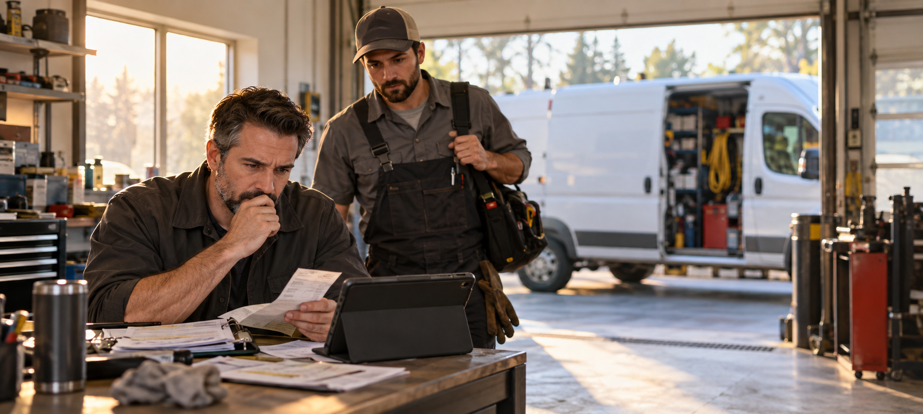 Field service business owner reviewing receipts and a tablet with a technician beside a service van